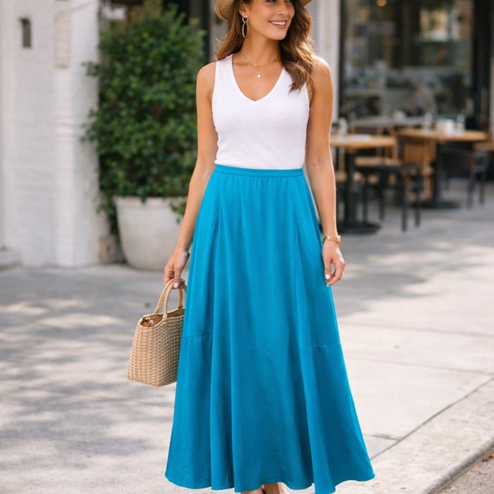 Ann Taylor Petite Maxi‎ Skirt LP Turquoise Satin Lined Flowy Modest Y2K Elegant